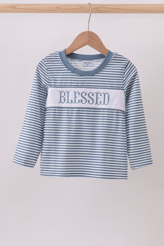 Blue Stripe Blessed Embroidery Top