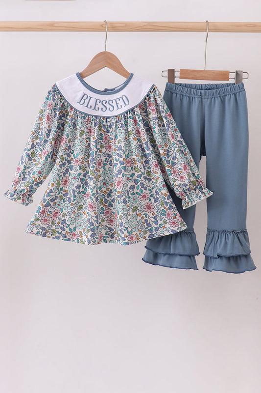 Blue Floral Blessed Embroidery Ruffle Pant Set