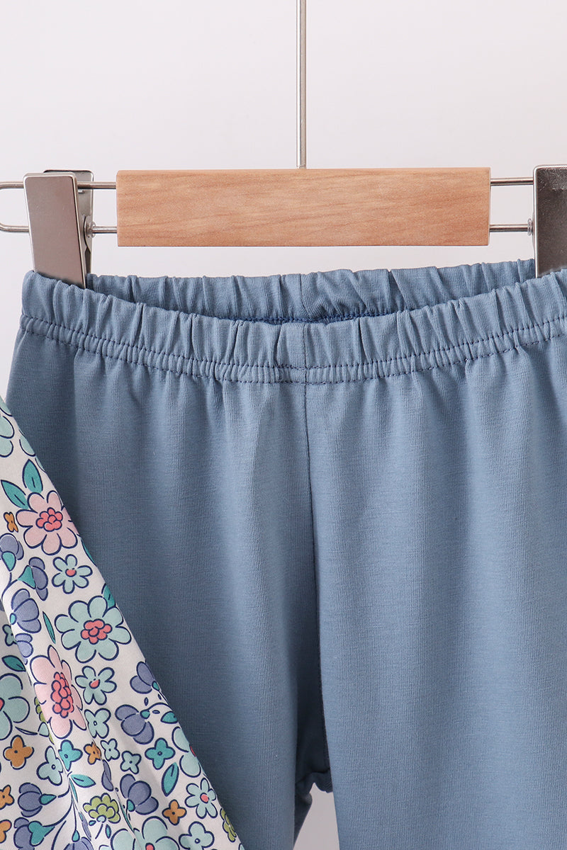 Blue Floral Blessed Embroidery Ruffle Pant Set