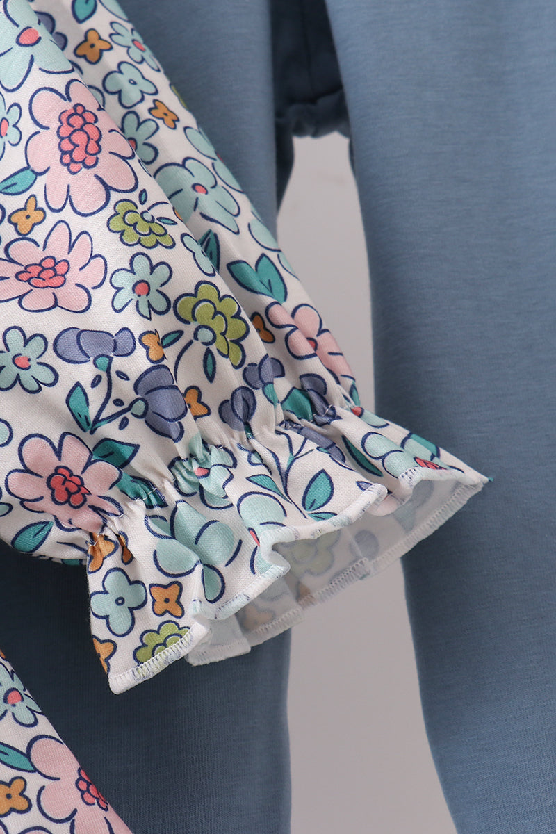 Blue Floral Blessed Embroidery Ruffle Pant Set