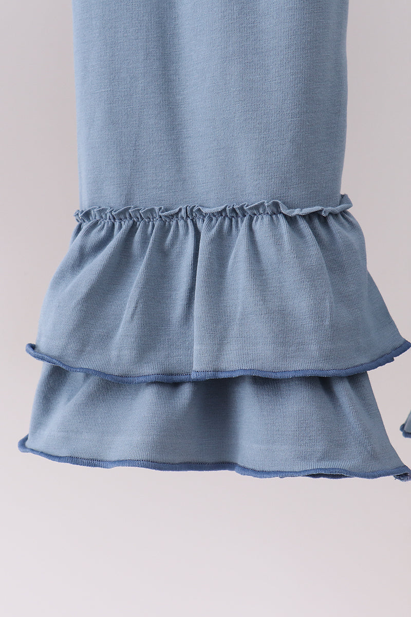 Blue Floral Blessed Embroidery Ruffle Pant Set