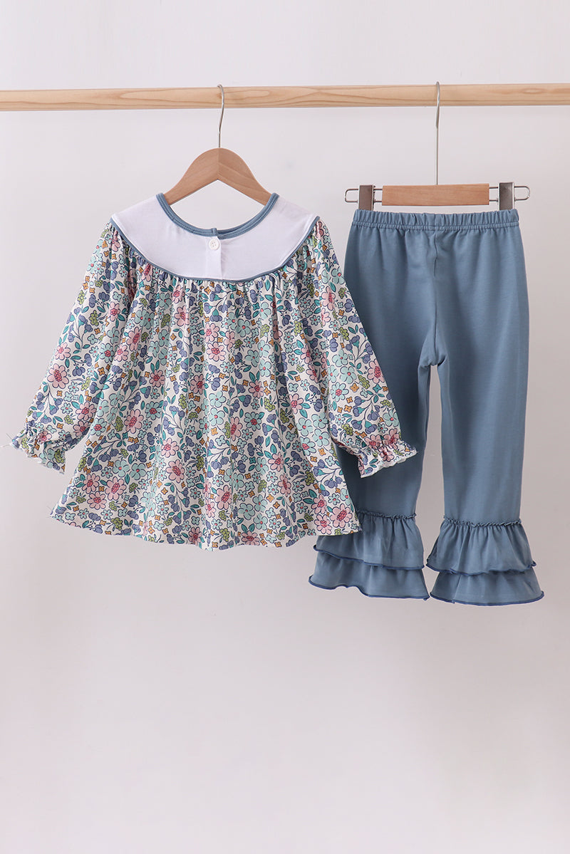 Blue Floral Blessed Embroidery Ruffle Pant Set