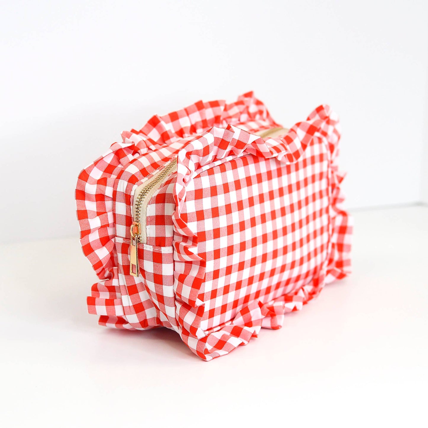 Gingham Ruffle Zipper Pouch Embroidery Friendly Cosmetic Bag: Black