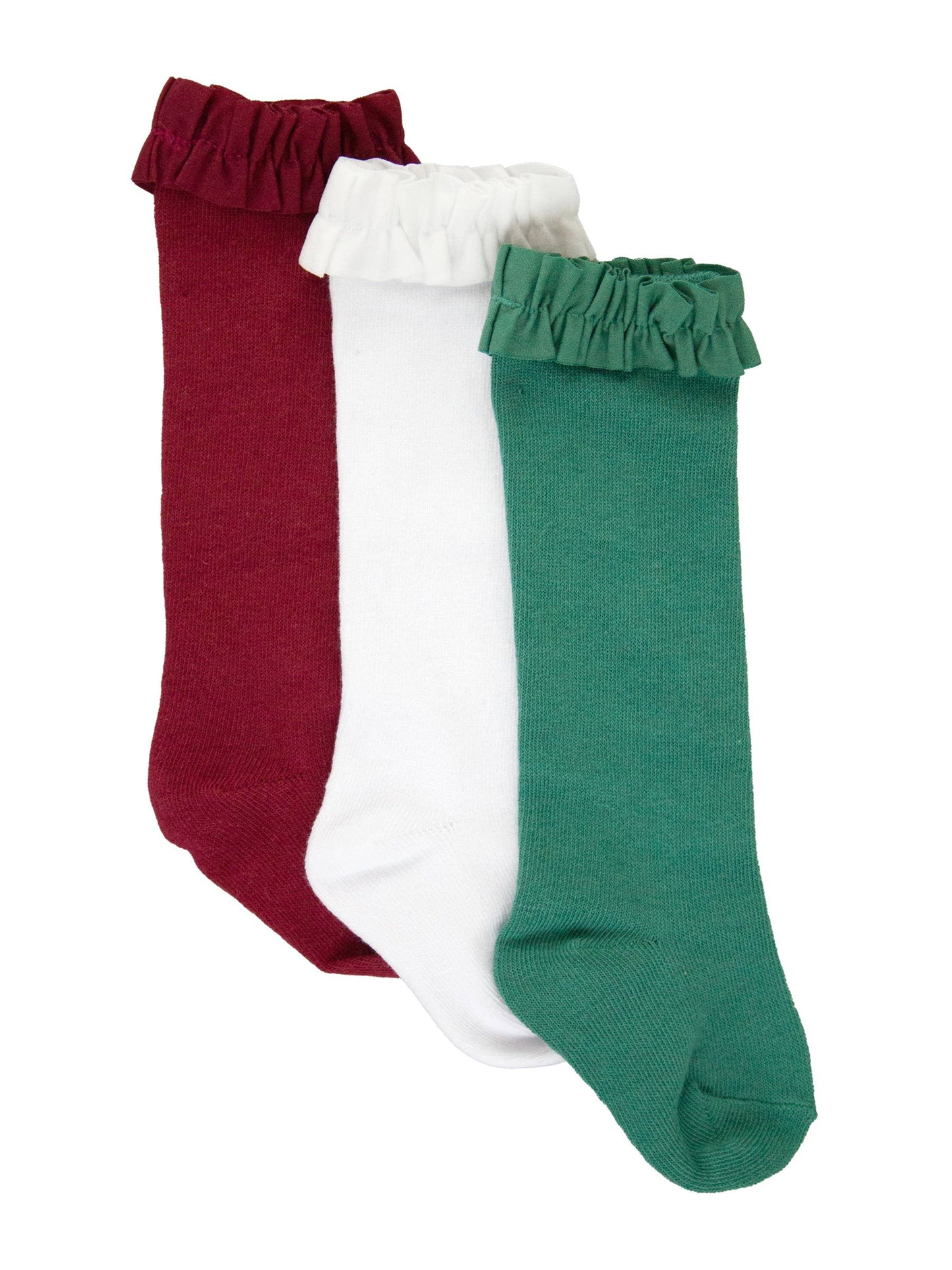 Girls Dark Cherry, White & Fir Green 3-Pack Knee High Ruffle Sock