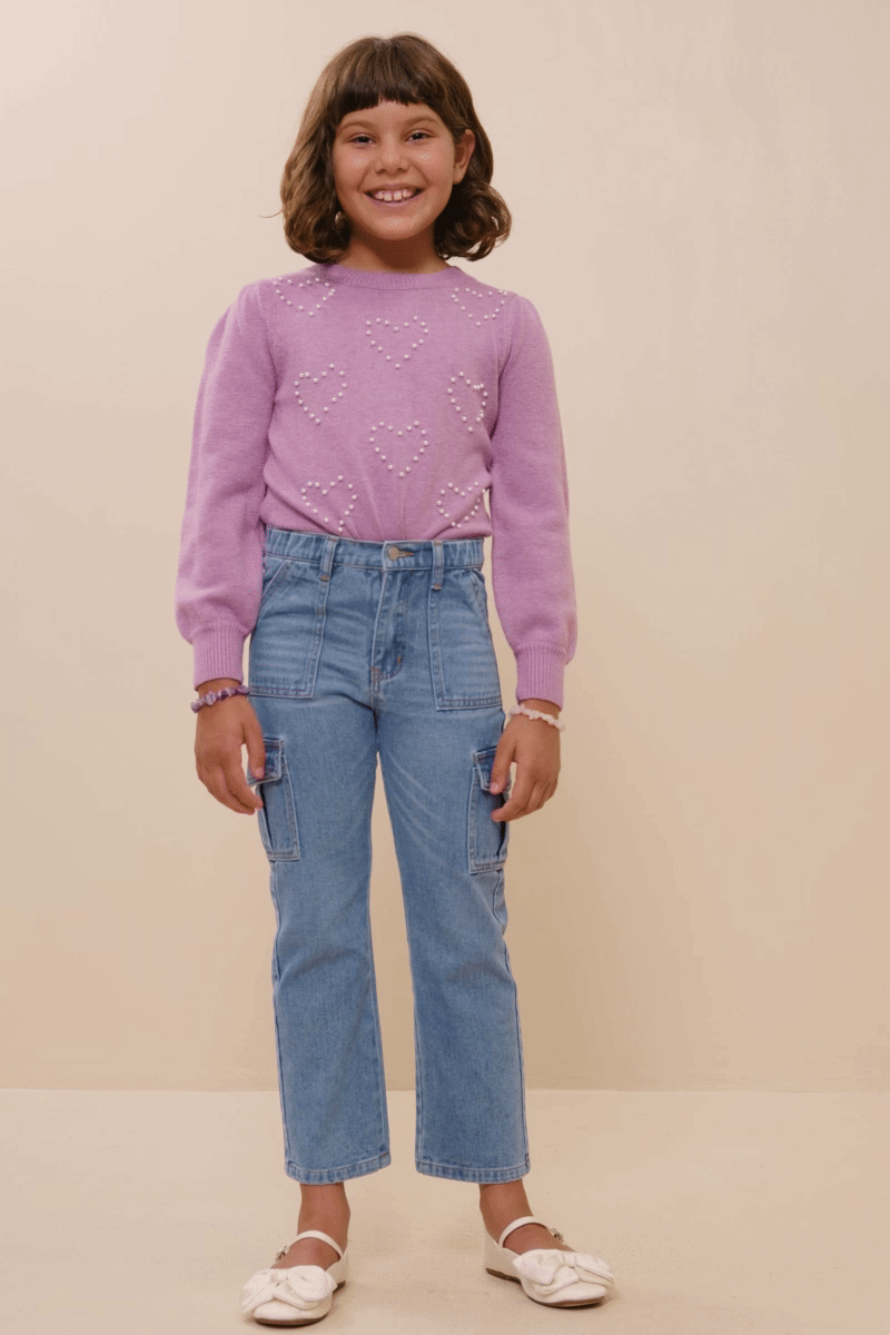 Girls Cargo Pocket Straight Leg Patch Pocket Jeans