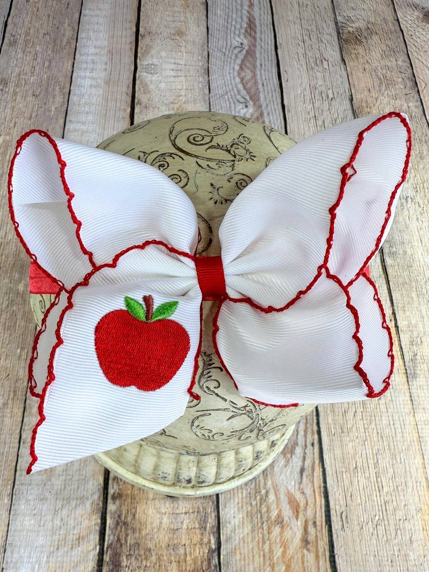 White Apple Embroidered Moonstitch Hair Bow | Clip or Headband: Clip