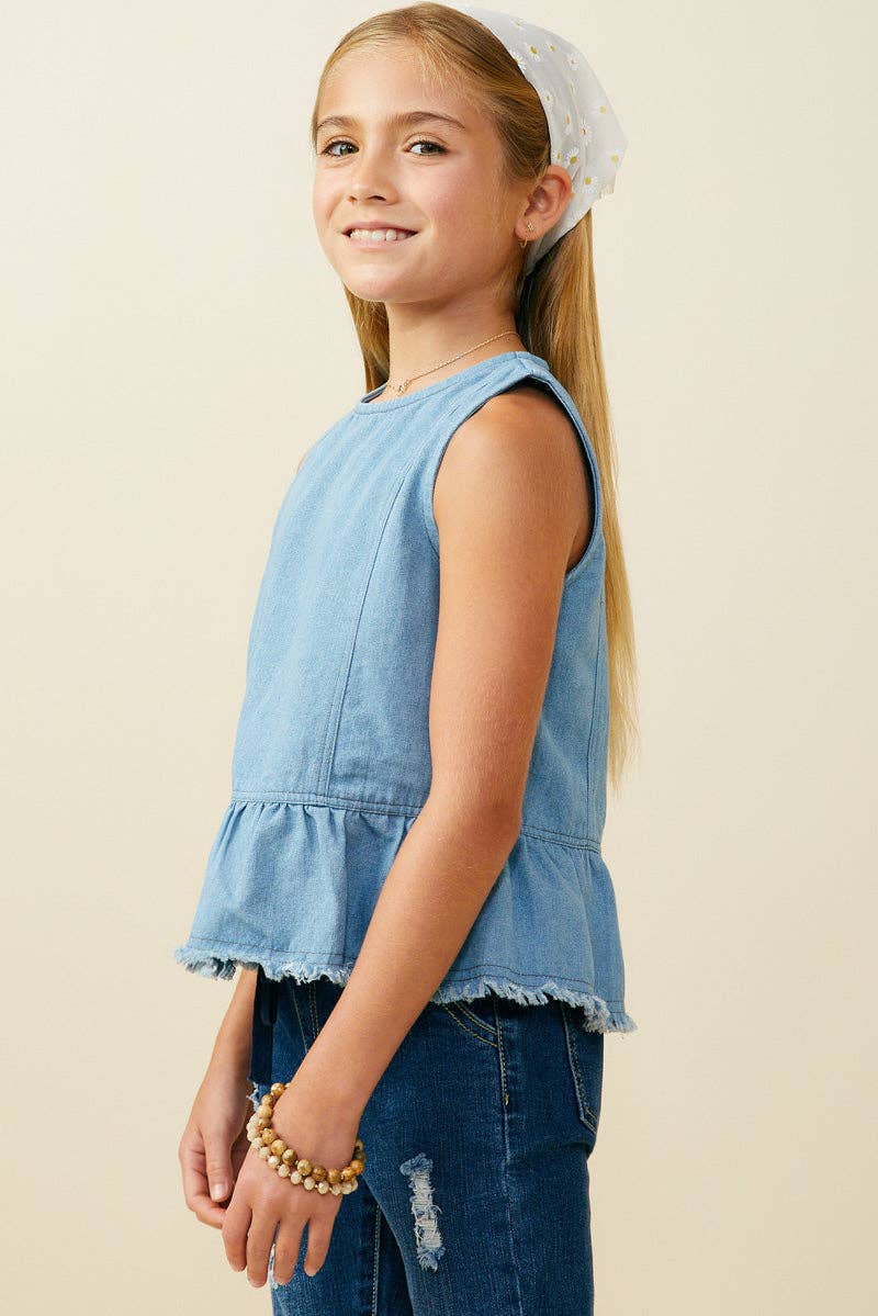 Girls Buttoned Back Denim Peplum Tank: Light Denim / Pack