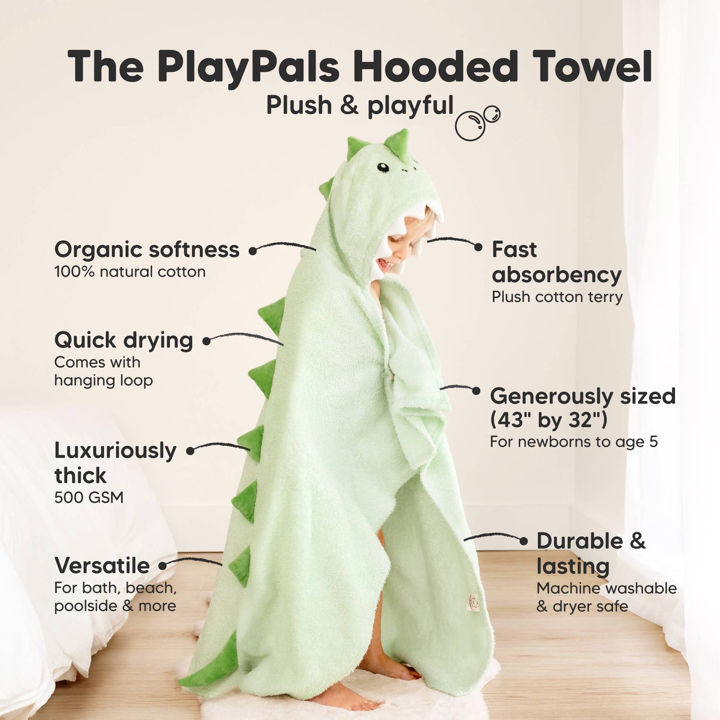 Playpals Hooded Baby Bath Towels for Newborn: Draco