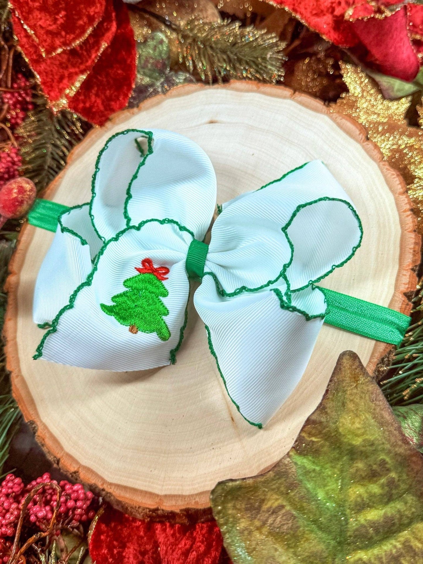 Christmas Tree Embroidered Hair Bow | Clip or Headband: Clip