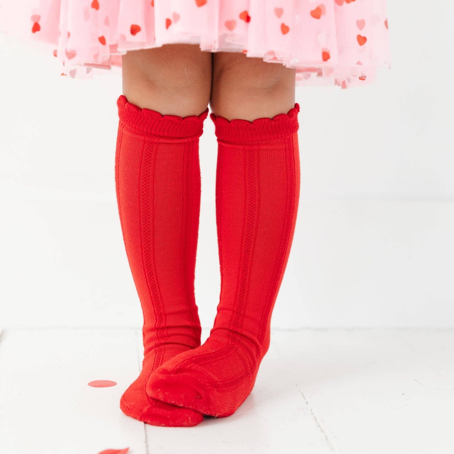 Bright Red Scalloped Knee High Socks: 1.5-3 YEARS