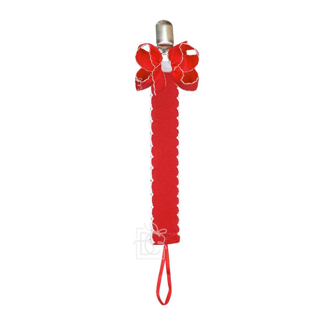 Crochet Edge Grosgrain Pacifier Clip w/ Detachable Bow: Red w/ White Crochet Edge
