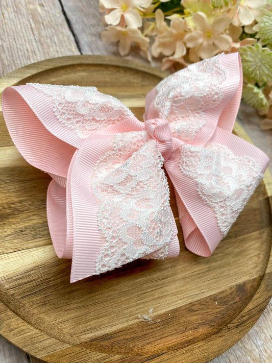 Chantilly Lace Two-Tone Bow  | Classic Lace Baby & Toddler Hair Bow: Light Pink with White