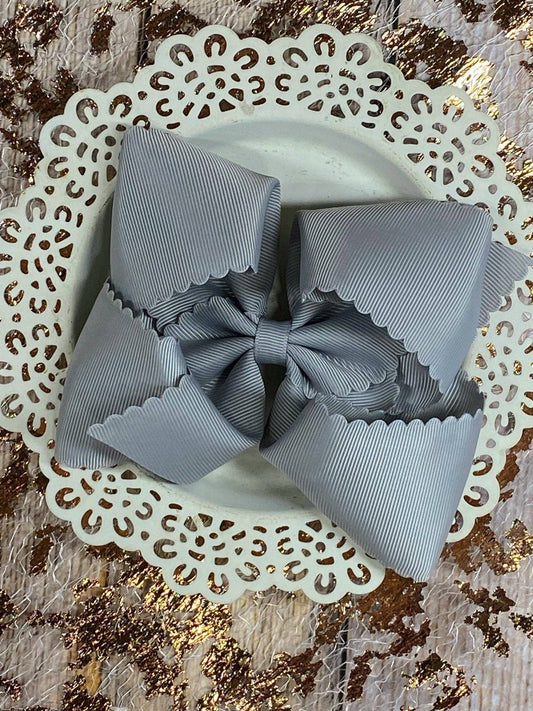 5.5" Oversize Scalloped Hair Bow | Clip or Headband: Silver / Clip