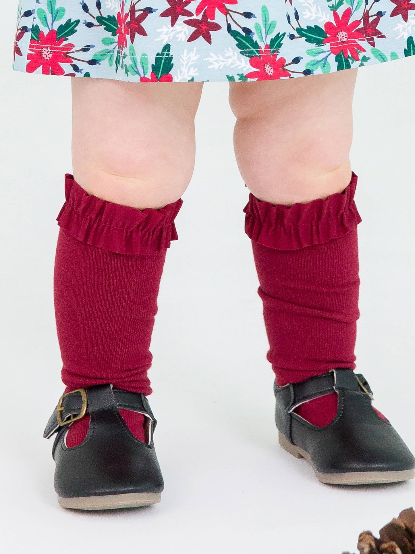 Girls Dark Cherry, White & Fir Green 3-Pack Knee High Ruffle Sock