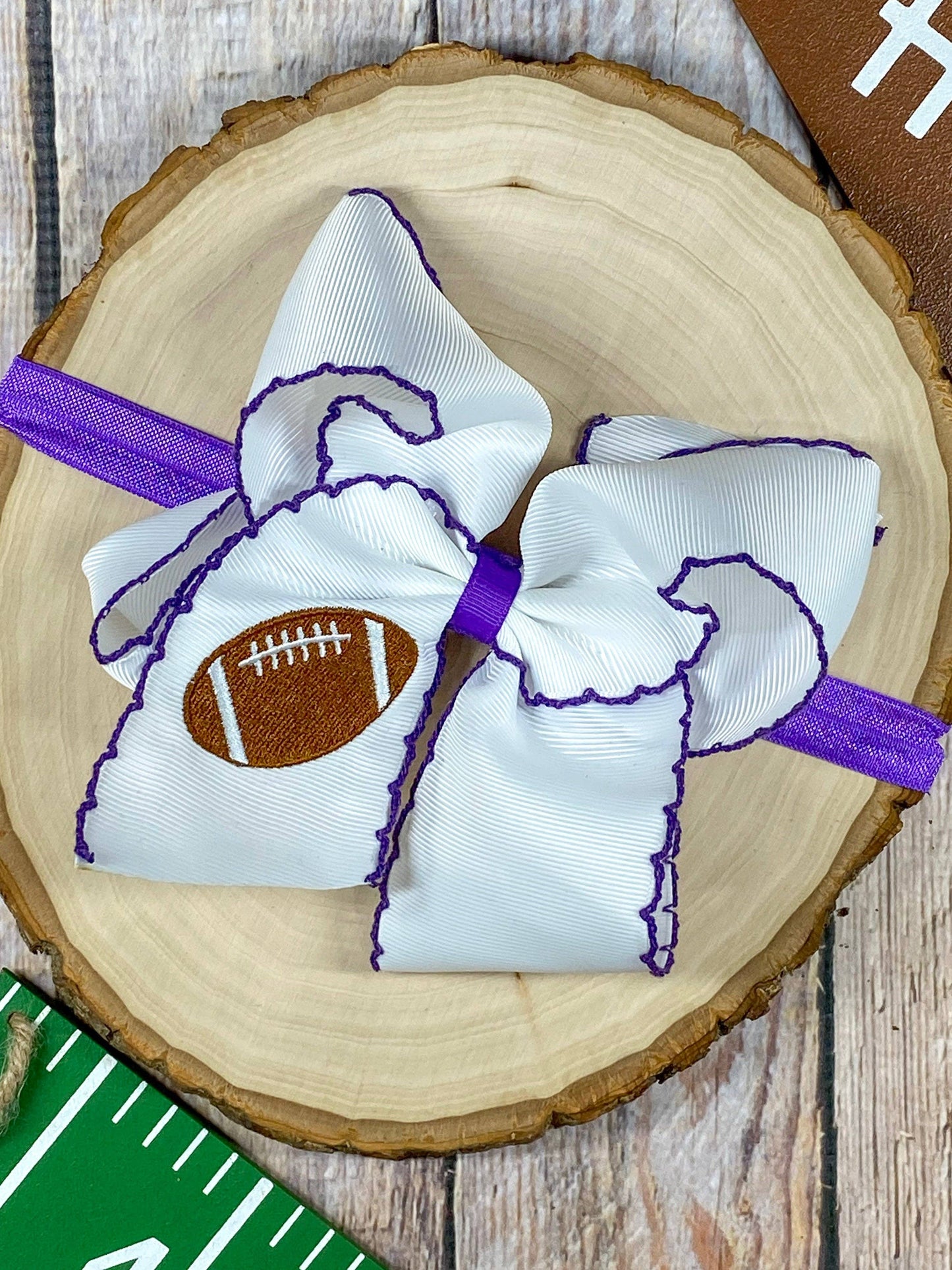 Football Embroidered Moonstitch Bow Headbands: Blue/White