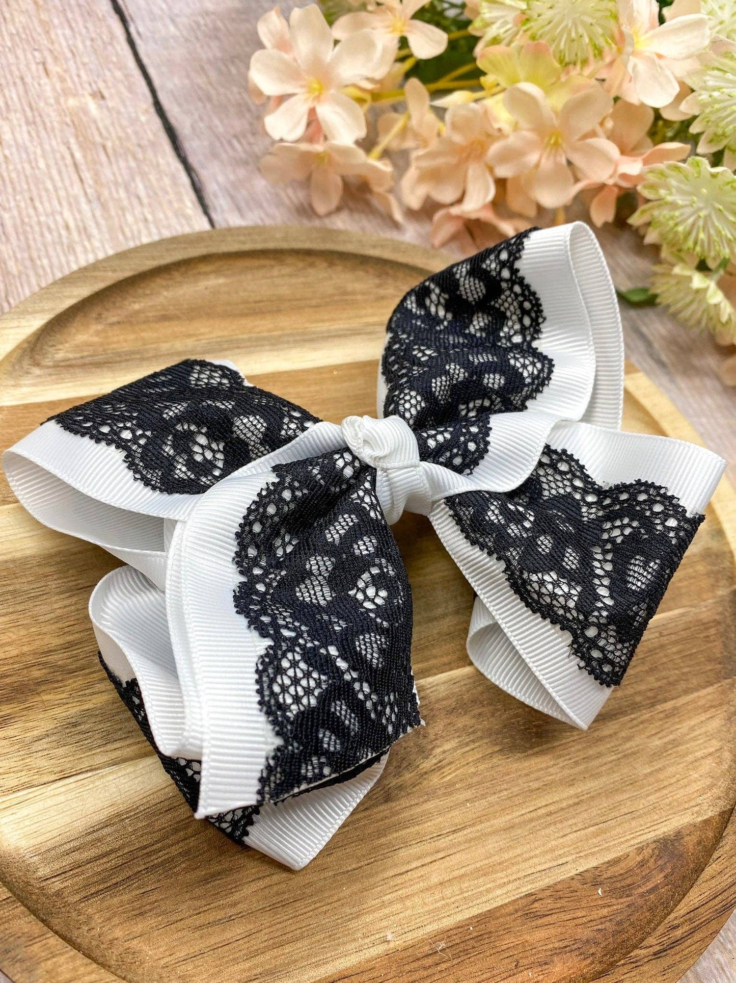 Chantilly Lace Two-Tone Bow  | Classic Lace Baby & Toddler Hair Bow: White with Black / Hair Bow on Double Prong Clip