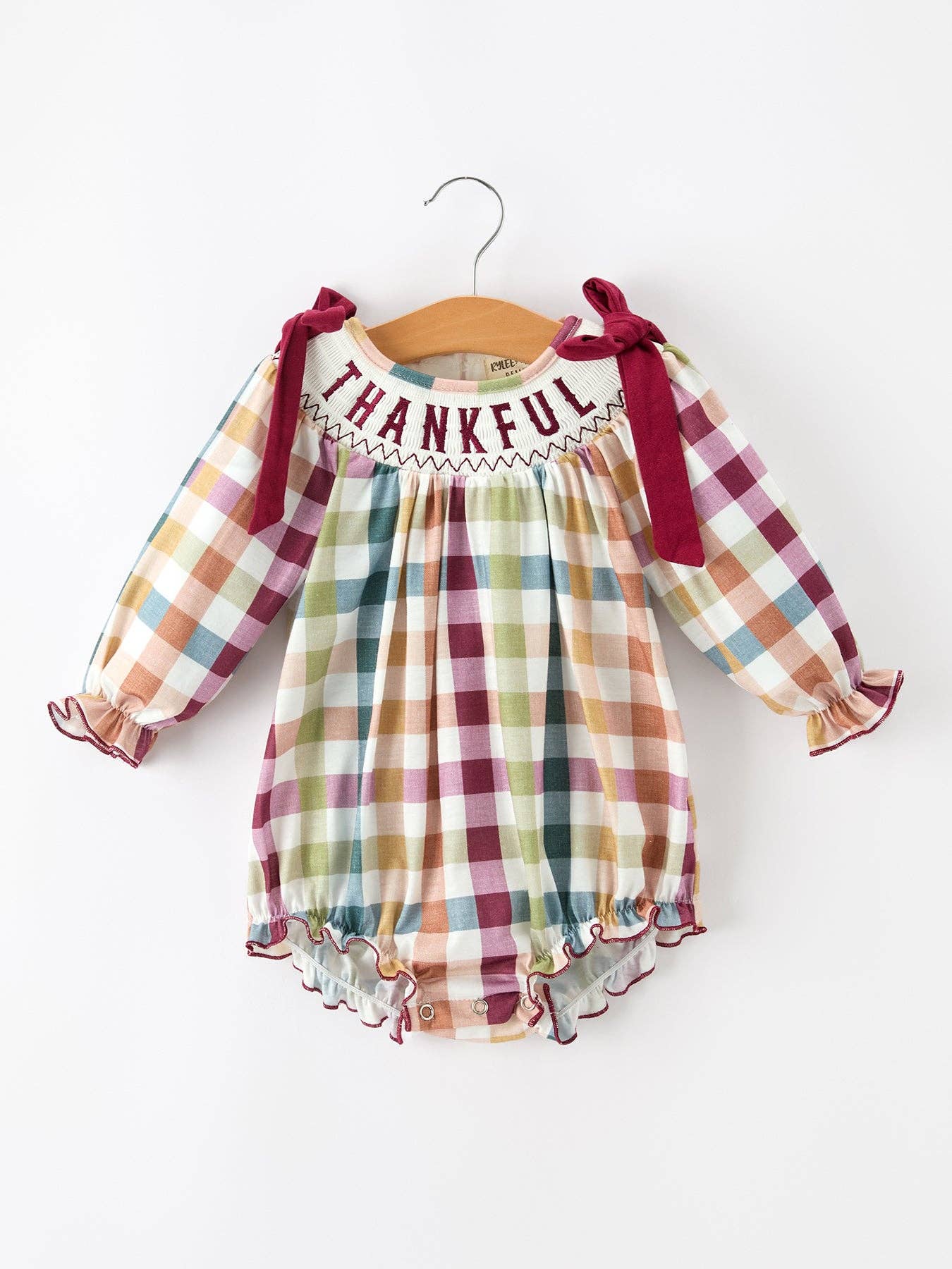 Thanksgiving “THANKFUL” Embroidered Smocked Plaid Bubble Romper