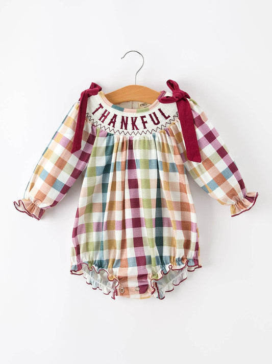 Thanksgiving “THANKFUL” Embroidered Smocked Plaid Bubble Romper