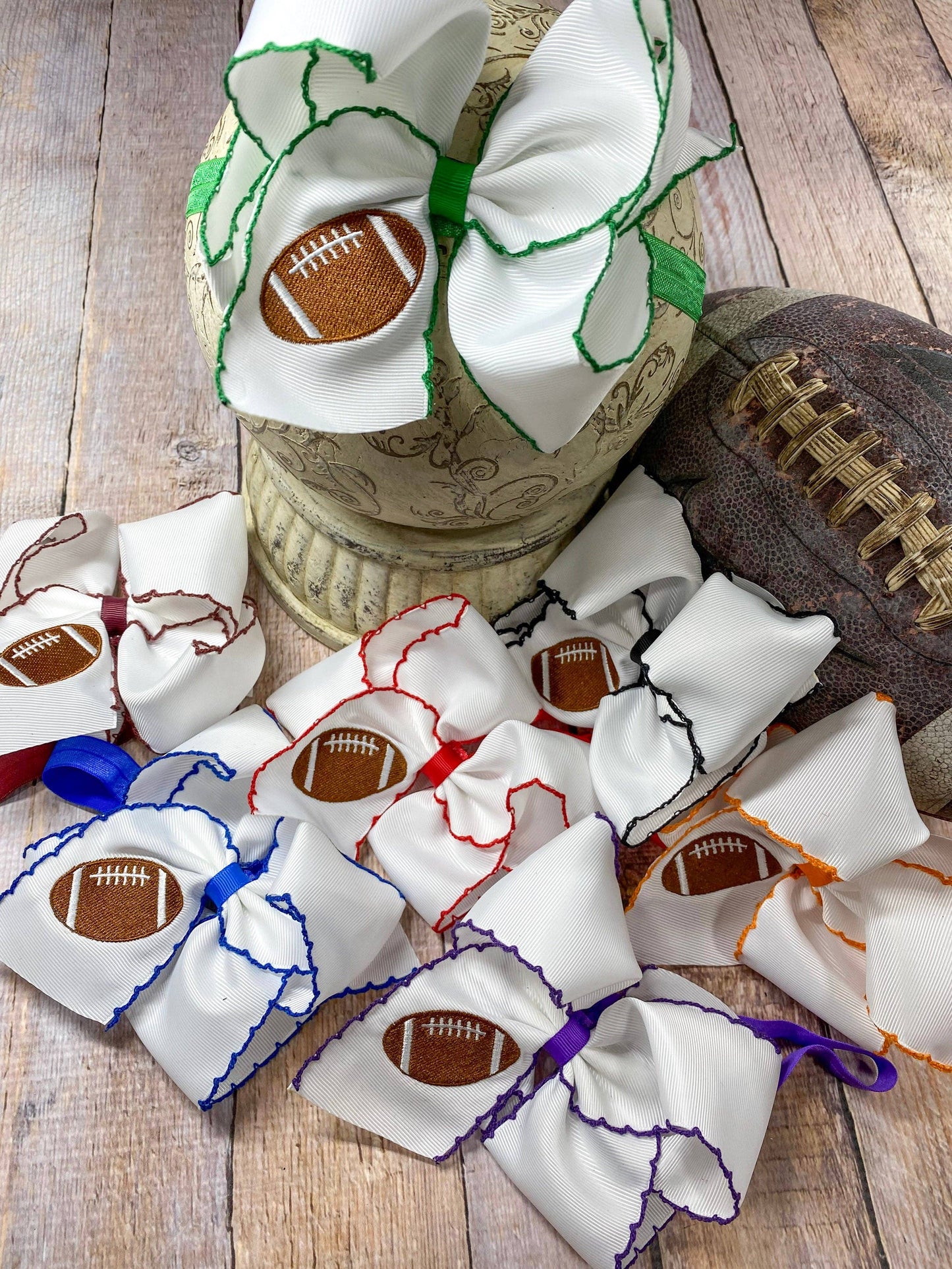 Football Embroidered Moonstitch Bow Headbands: Blue/White