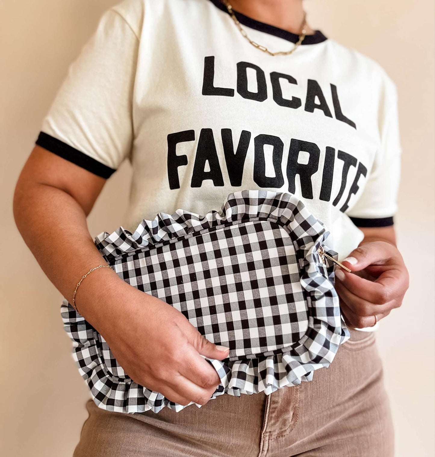 Gingham Ruffle Zipper Pouch Embroidery Friendly Cosmetic Bag: Royal