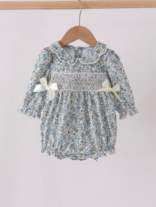 Sage Floral Smocked Bow Bubble