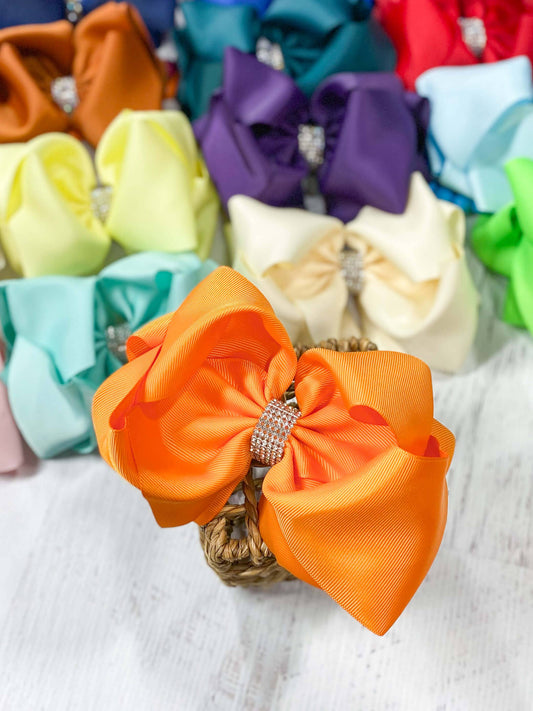 Oversize Rhinestone Hair Bows - French Clip - 5.5": Orange