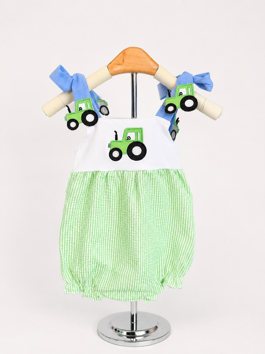 Green Tractor Seersucker Girls Bubble