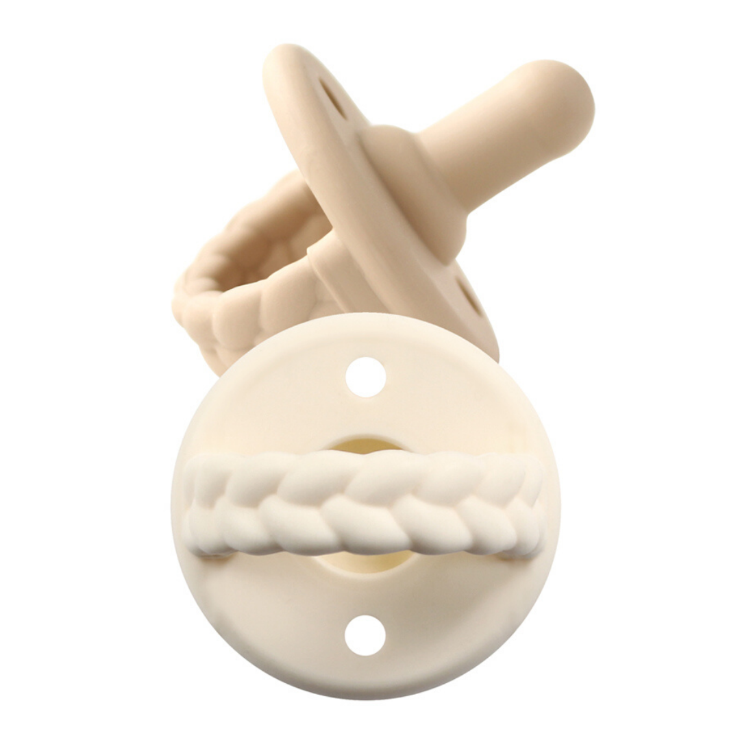 *NEW SIZE* Sweetie Soother™ Pacifier Sets (2-pack): Toast + Buttercream Braids 0-6M