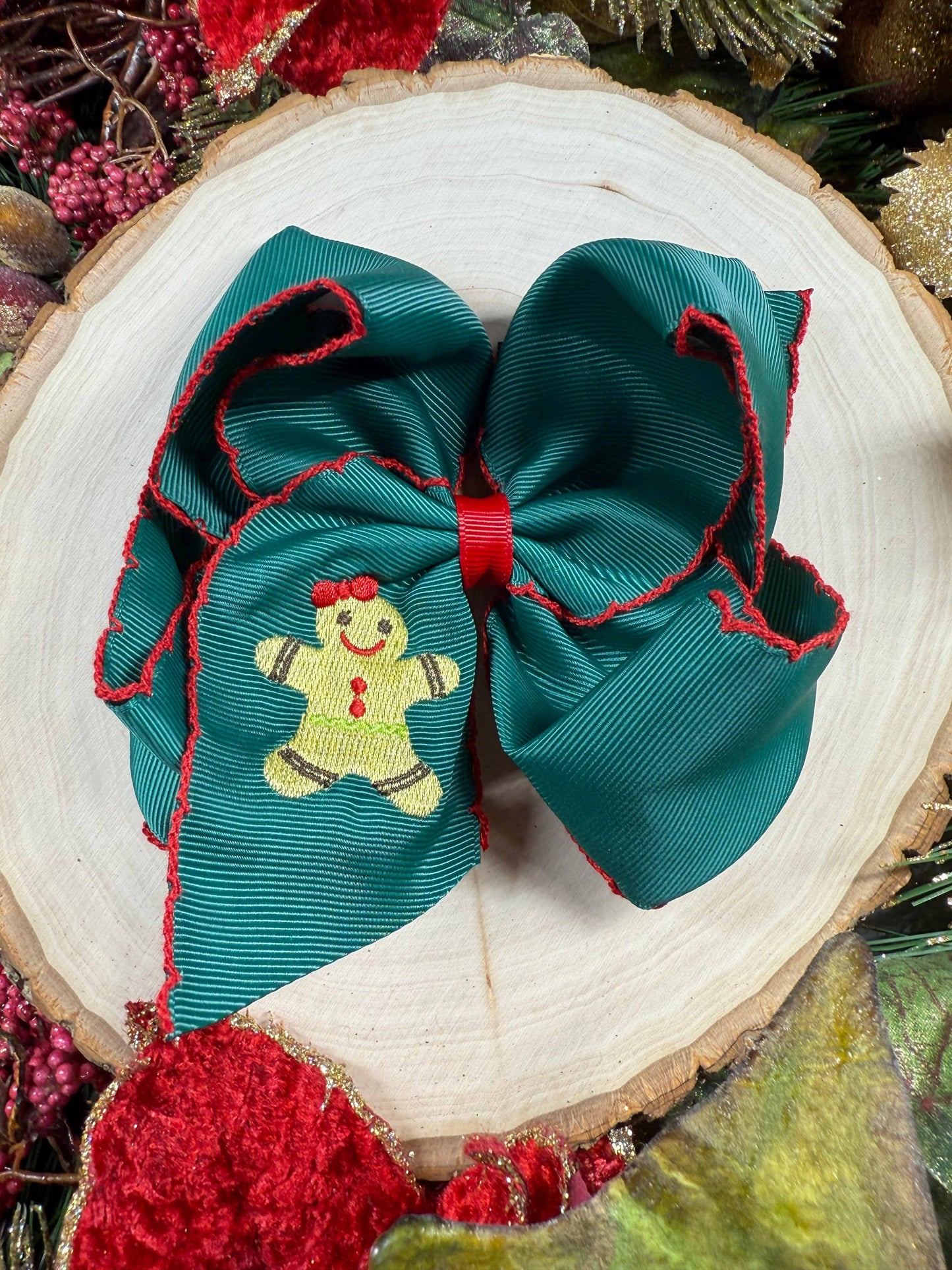 Gingerbread Embroidered Moonstitch Hair Bow: Christmas 2025