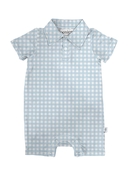 Blue Gingham Short Sleeve Polo Romper