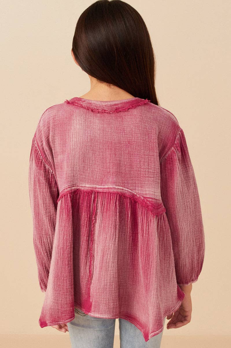 Girls Washed Raw Edge Puff Sleeve Peplum Top