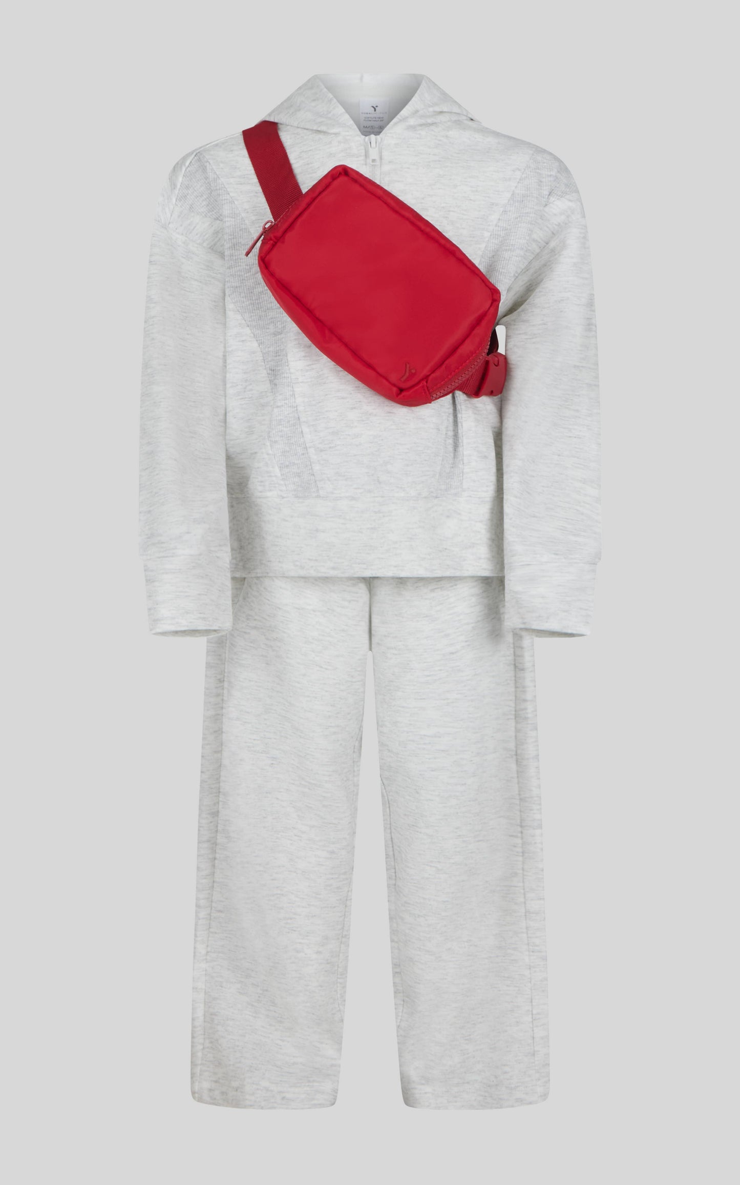Little Girls Half Zip Hoodie, Wide Leg Pant, Fanny Bag  Set: HTR.LT.GREY/SPICY RED