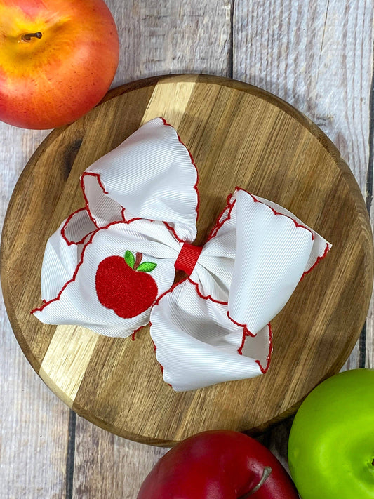 White Apple Embroidered Moonstitch Hair Bow | Clip or Headband: Clip