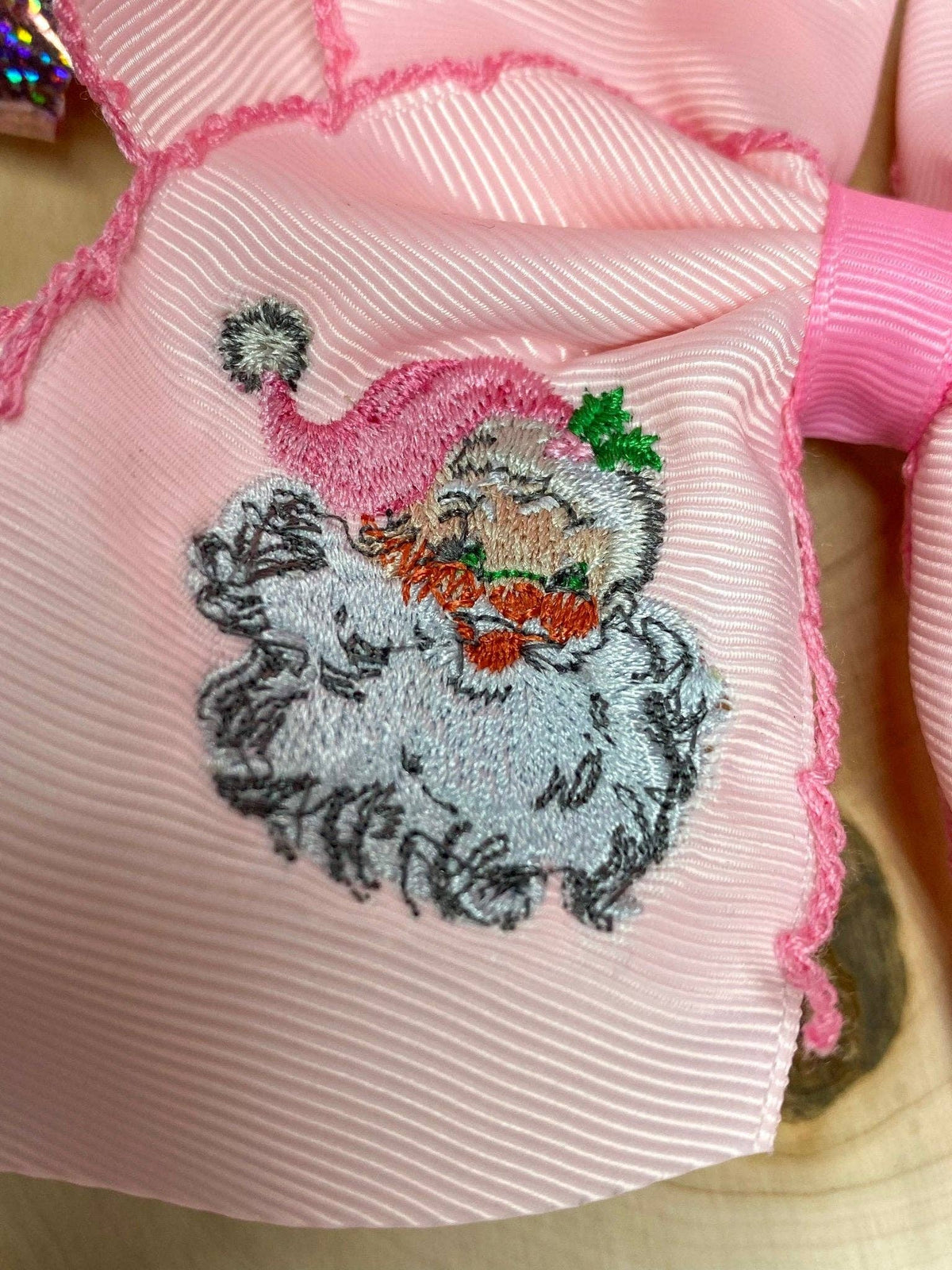 Pink Santa Embroidered Hair Bow | Clip or Headband: Clip