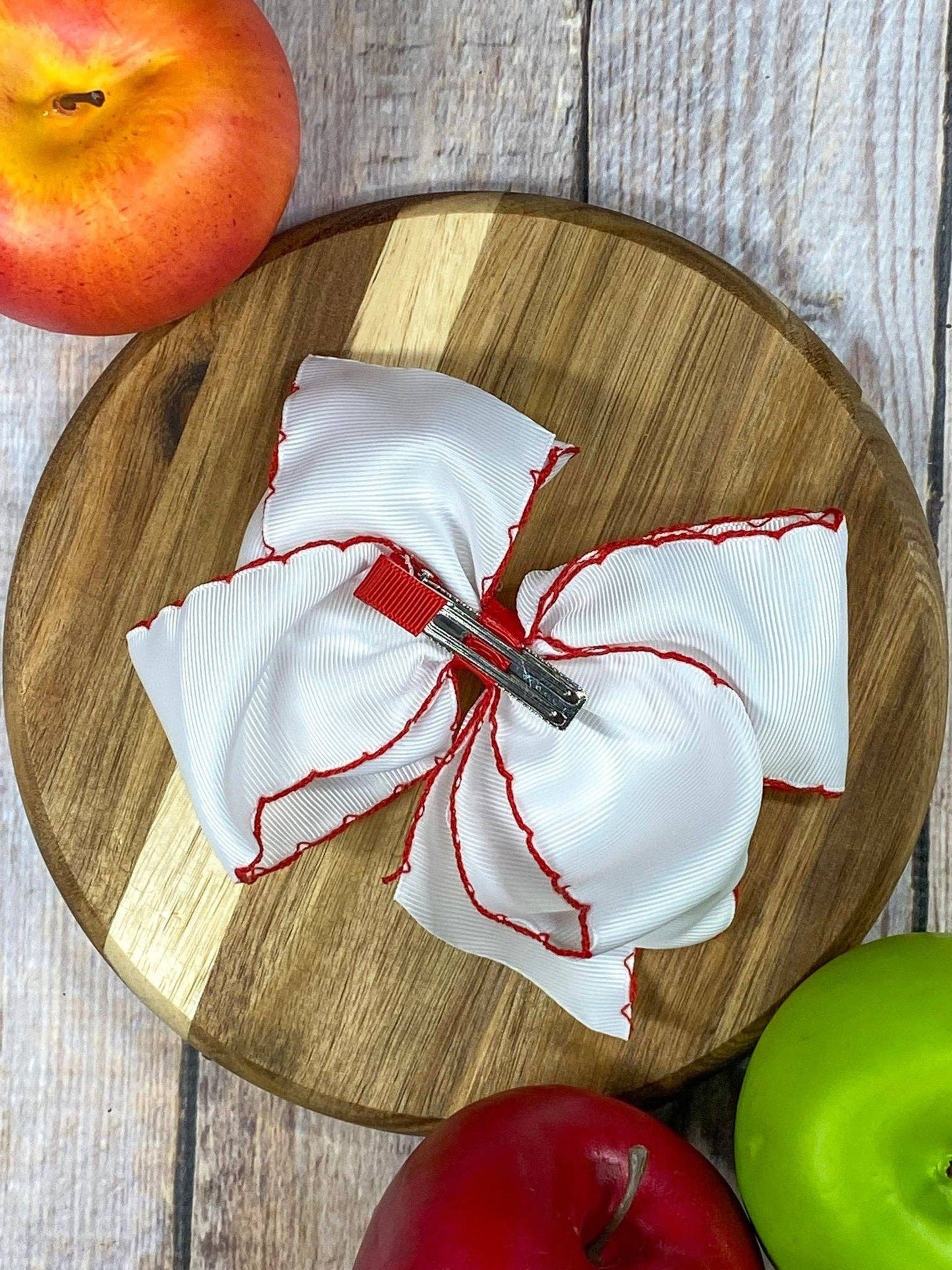 White Apple Embroidered Moonstitch Hair Bow | Clip or Headband: Clip