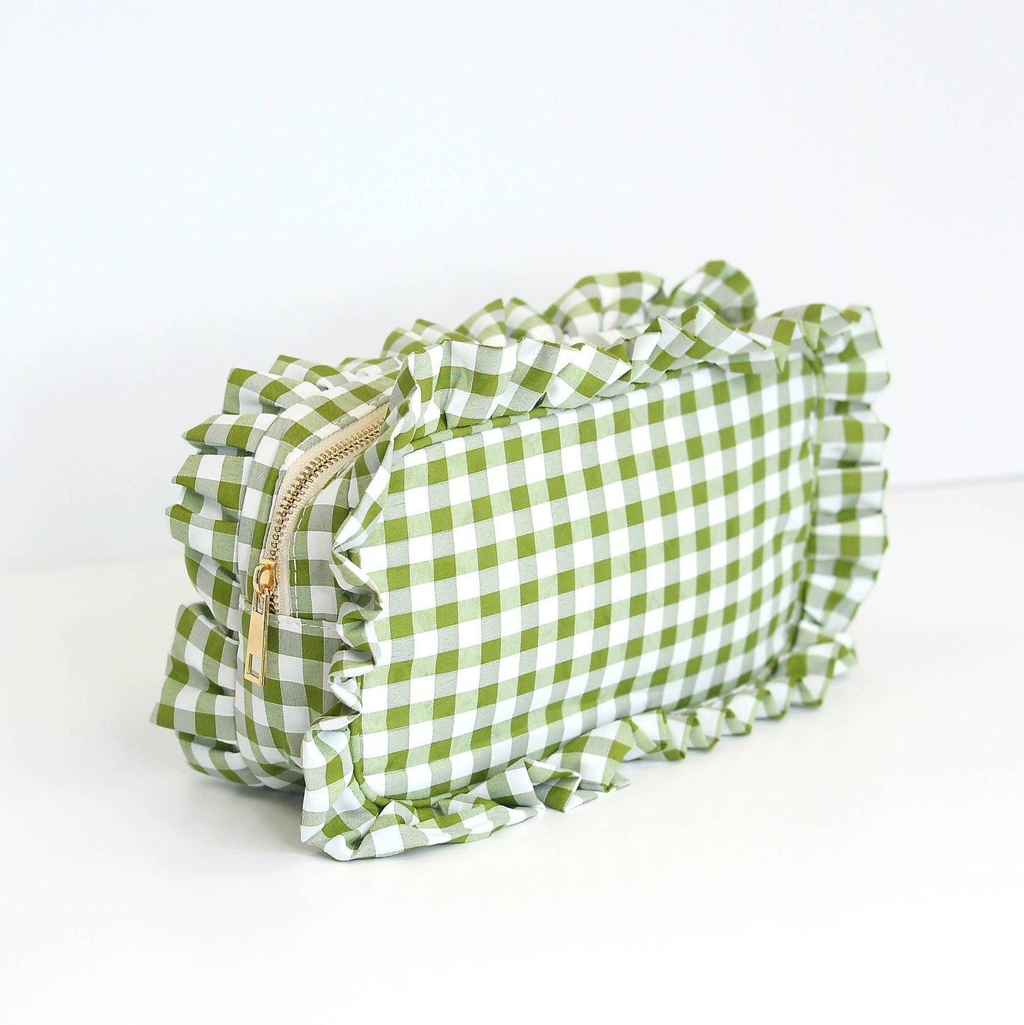 Gingham Ruffle Zipper Pouch Embroidery Friendly Cosmetic Bag: Royal