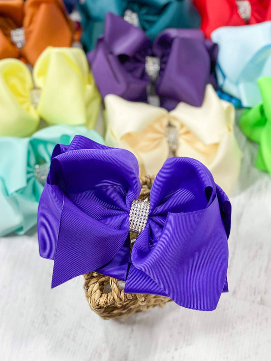 Oversize Rhinestone Hair Bows - French Clip - 5.5": Purple