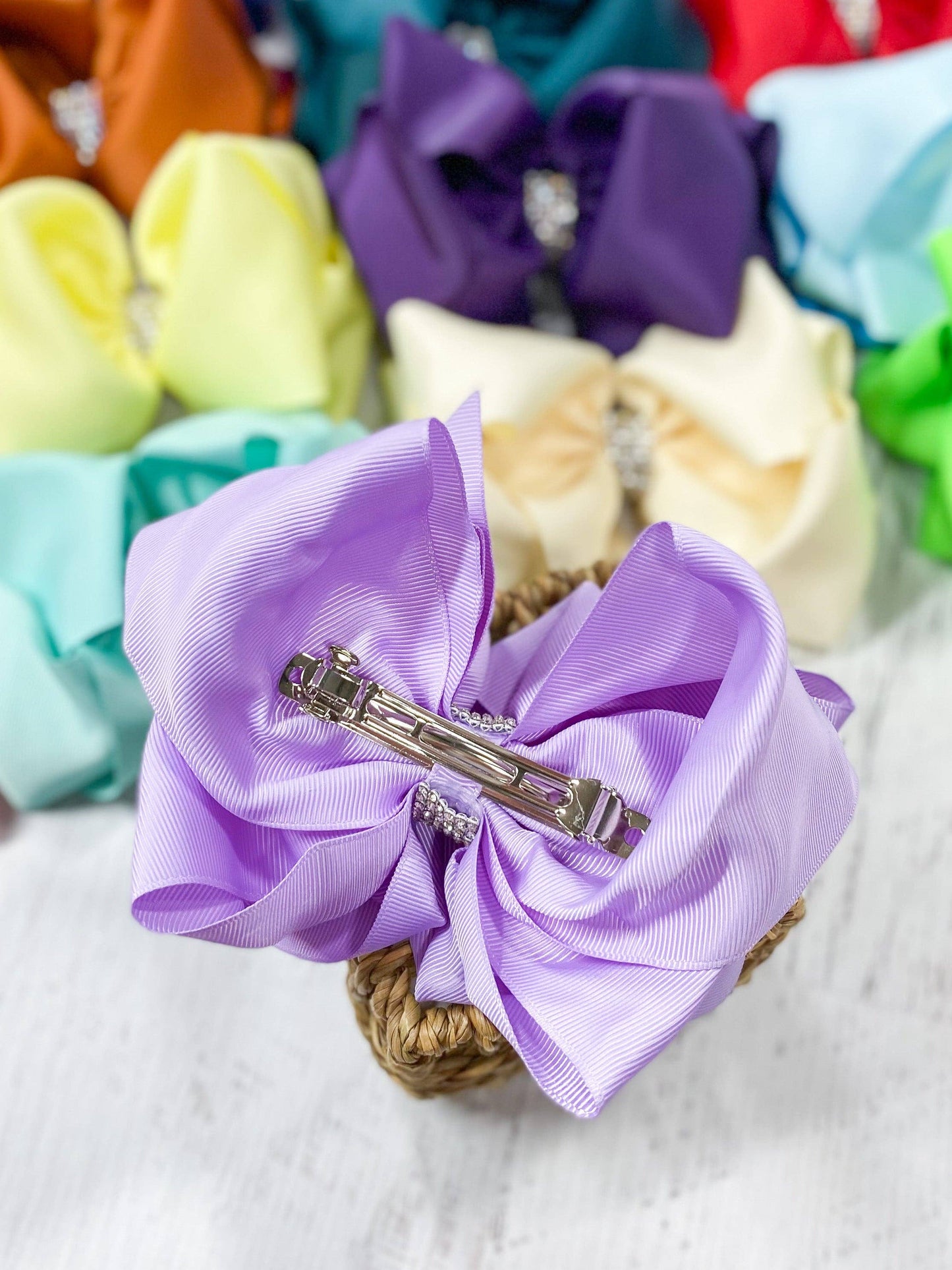 Oversize Rhinestone Hair Bows - French Clip - 5.5": Purple