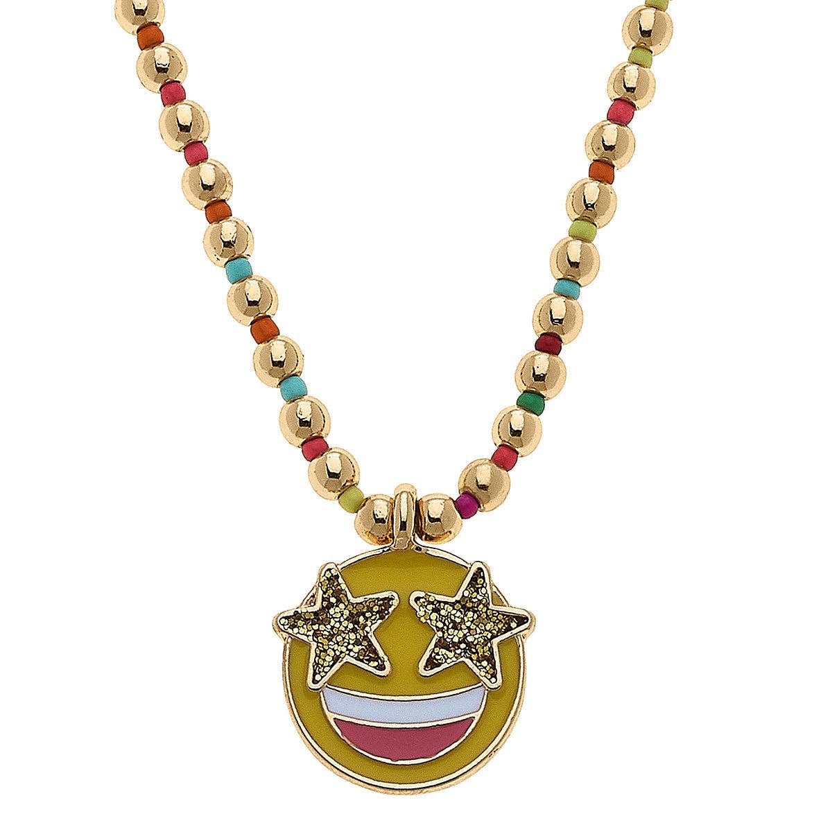 Jane Smiley Face Gold Ball Beaded Children's Necklace in Yel
