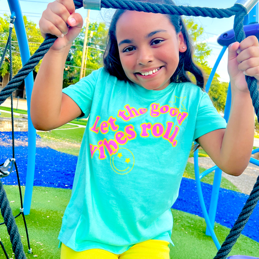 Let the good vibes roll roll cuff tween graphic tee