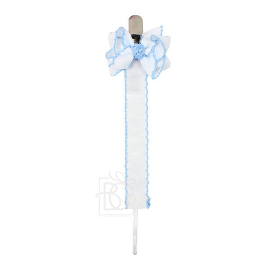Crochet Edge Grosgrain Pacifier Clip w/ Detachable Bow: White w/ Millennium Blue Crochet Edge