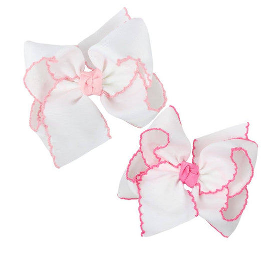CROCHET EDGE BOWS: White w/ Purple Crochet Edge / 5.5" Huge - 2.25" Ribbon on Alligator Clip