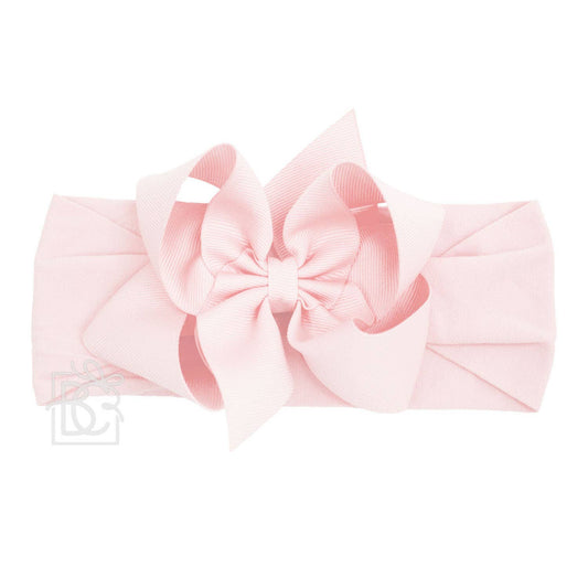 WIDE PANTYHOSE HEADBAND W/CLASSIC GROSGRAIN BOW: LIGHT PINK / 0-3 Months / 4.5" Large