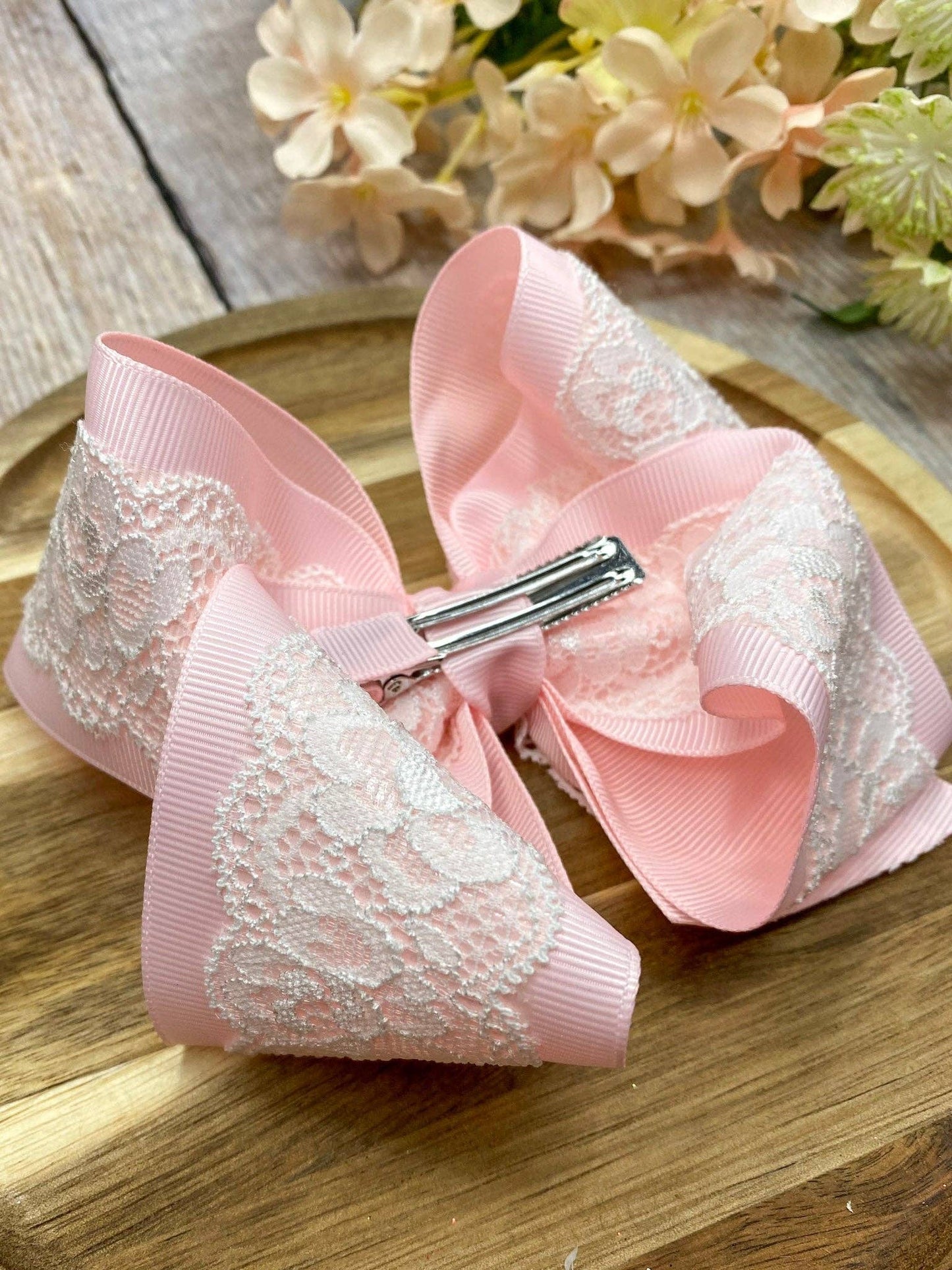 Chantilly Lace Two-Tone Bow  | Classic Lace Baby & Toddler Hair Bow: Light Pink with White