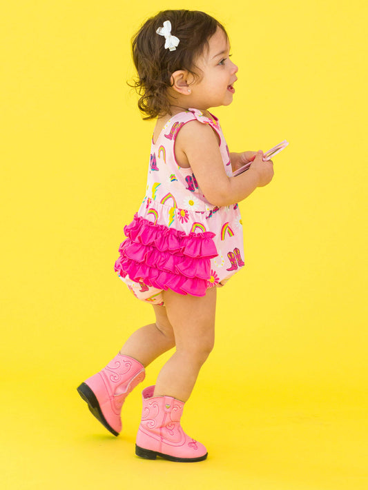 Baby Girls Cowgirl Cutie Knit Tie Shoulder Bubble Romper