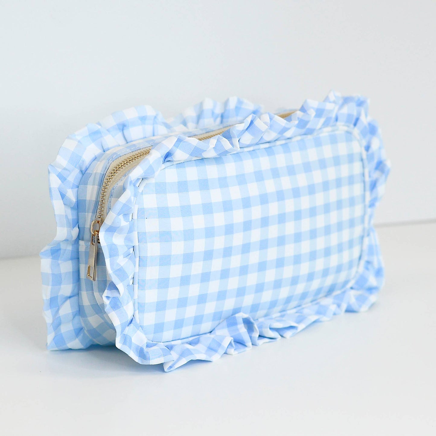 Gingham Ruffle Zipper Pouch Embroidery Friendly Cosmetic Bag: Purple