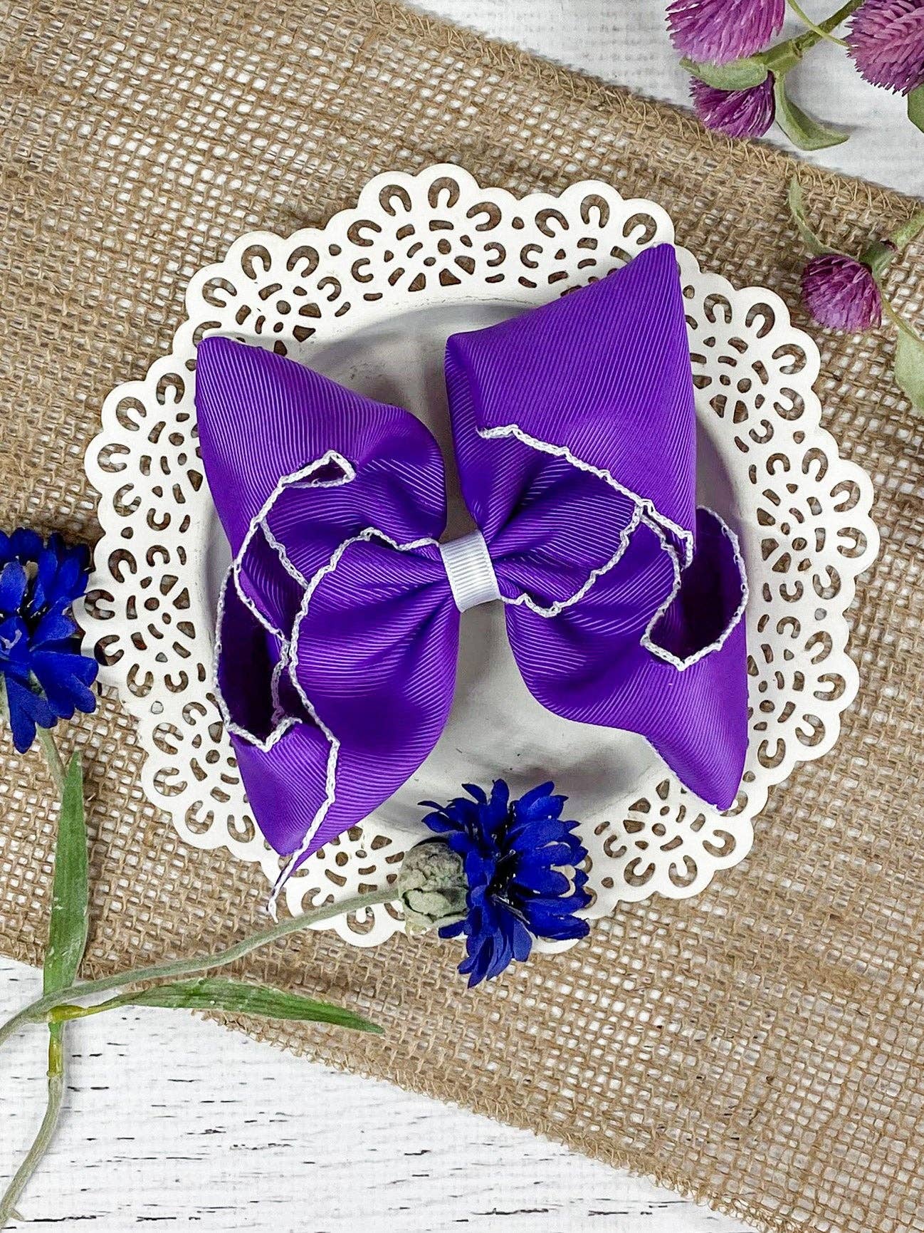 5" Classic Moonstitch Boutique Bows Girls Hair Accessories | Clip or Headband: Purple with White Moonstitch / Hair Bow on Clip