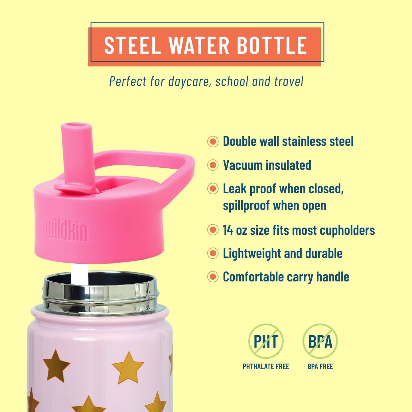 Pink and Gold Stars 14 oz Steel Bottle