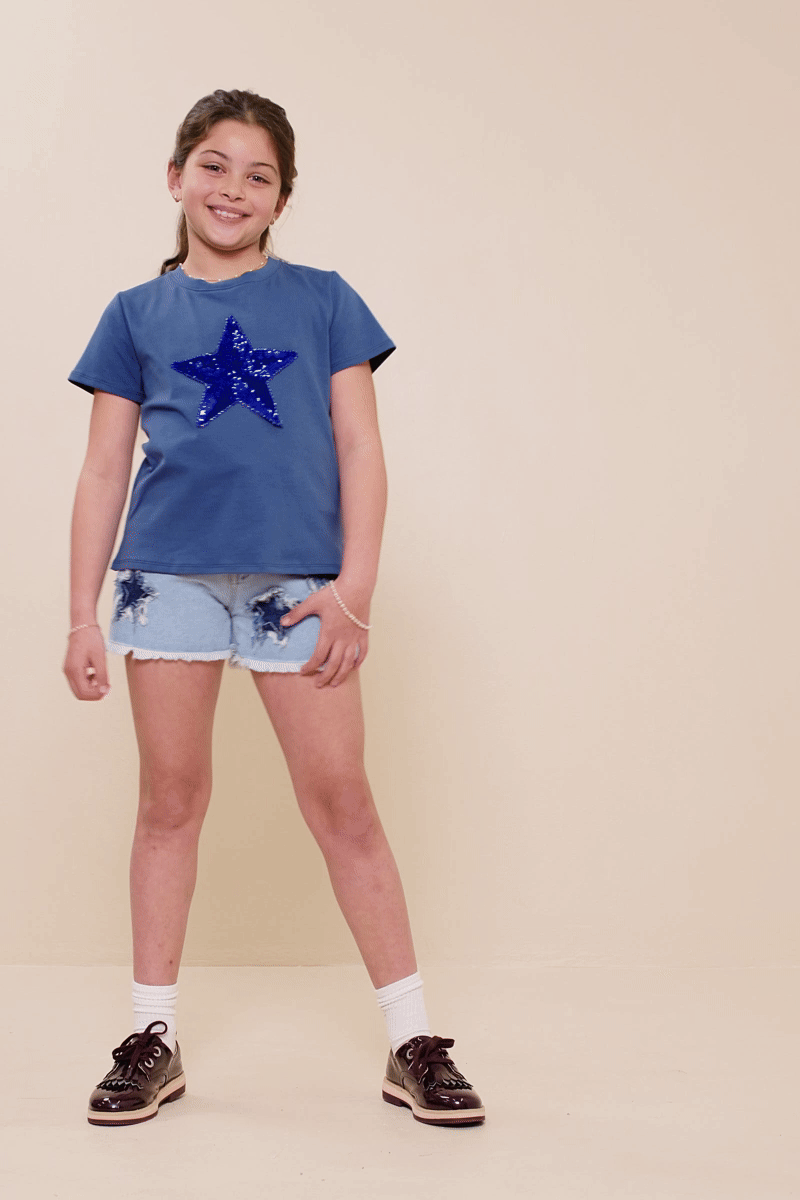 Girls Sequin Star Patch Knit T Shirt