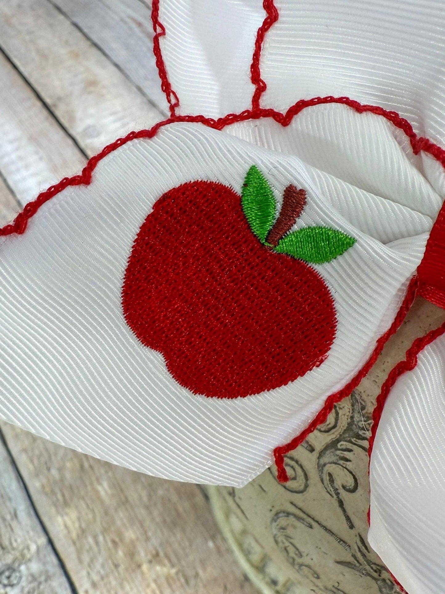 White Apple Embroidered Moonstitch Hair Bow | Clip or Headband: Clip